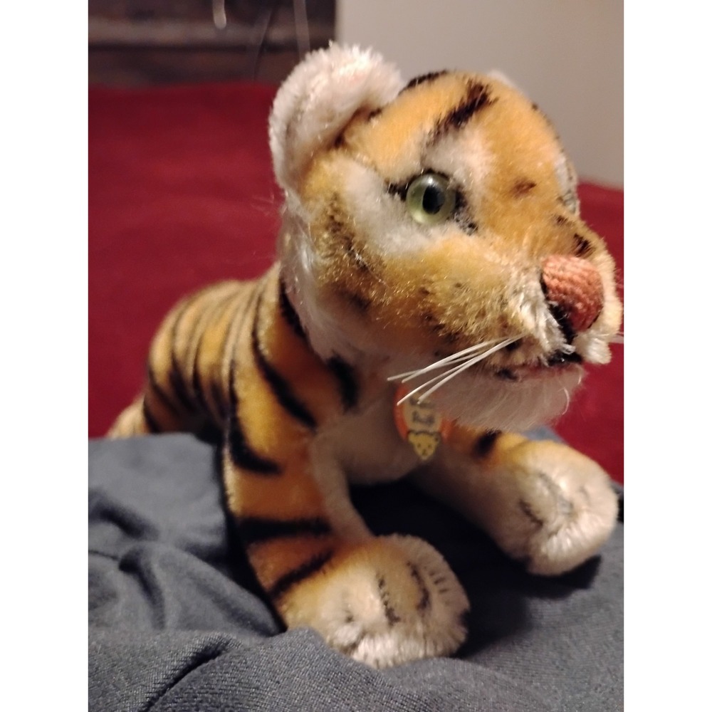 Vintage Steiff Mohair Lying Tiger Cub 22cm 8.5" W/ Chest Tag 1950s 1960s